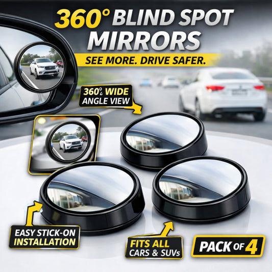 360° Wide Angle Blind Spot Safety Mirror for Cars & SUVs – Easy Stick-On (Pack of 4)