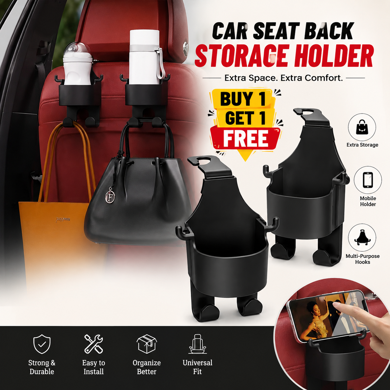 Universal Car Seat Back Cup Holder with Mobile Stand & Bag Hooks - Buy 1 Get 1 FREE