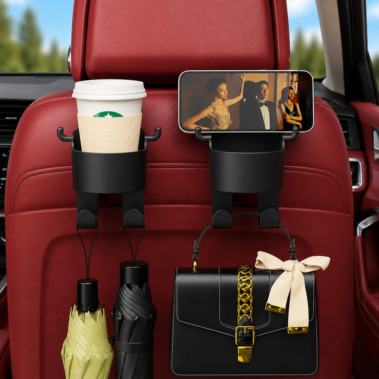 Universal Car Seat Back Cup Holder with Mobile Stand & Bag Hooks - Buy 1 Get 1 FREE