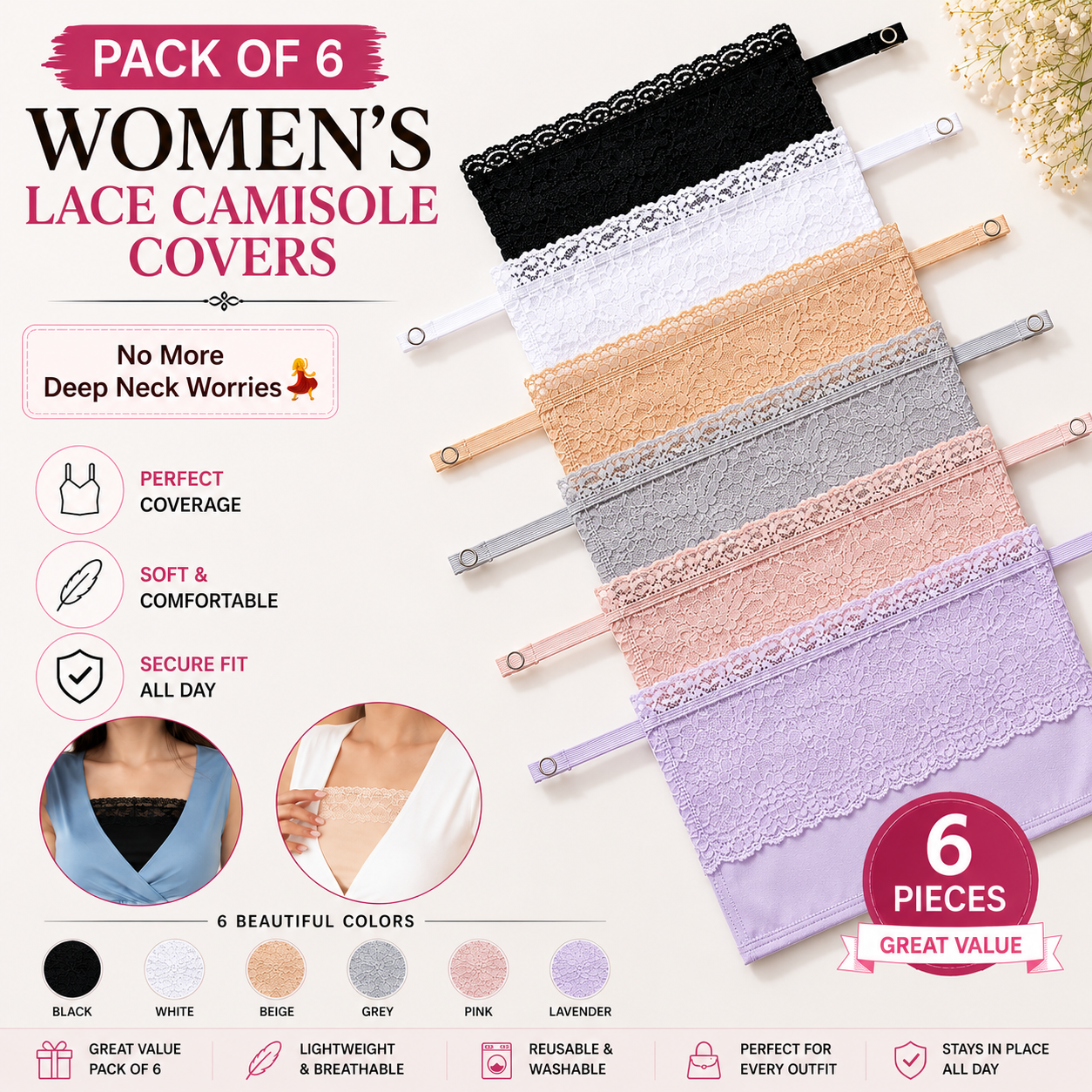 ConfiCover Lace Clip On Camisole Set (Pack of 6)